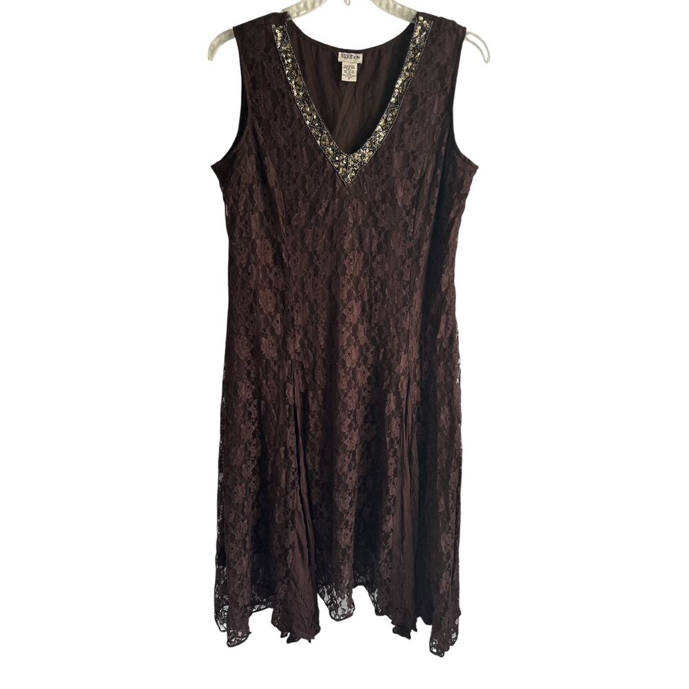 Vintage 90’s‎ Y2K Size 16 Brown Lace Sequined Beaded Maxi Dress - Picture 2 of 8